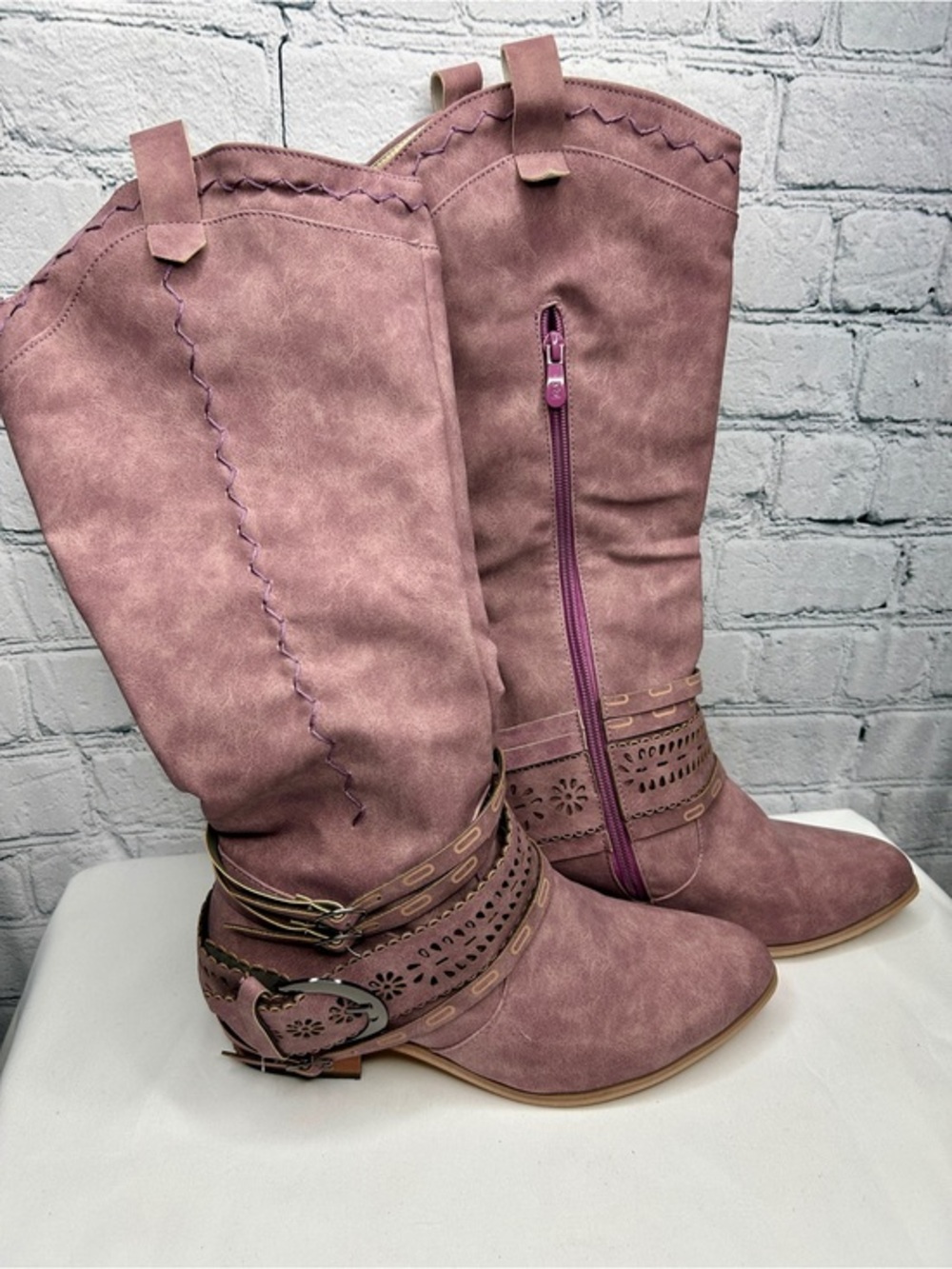 Womens Dusty Rose Western Cowboy Boots Knee High Buckle Boho Festival